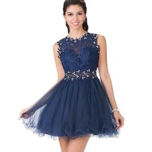 ELIZABETH K  Elegant Blue Lace jewel rhinestone Dress Graduation size Medium